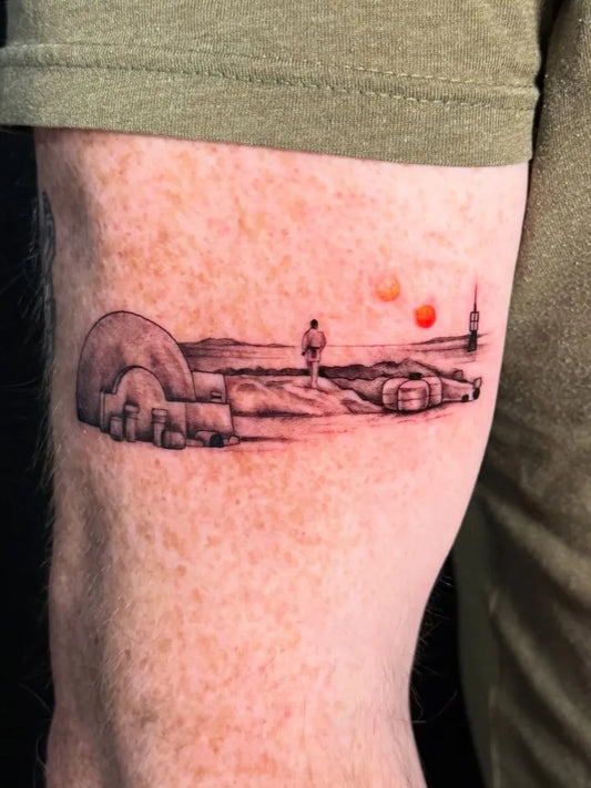 Medium Blackwork StarWarsLandscape Tattoo on Men Arm by @haiziegrey
