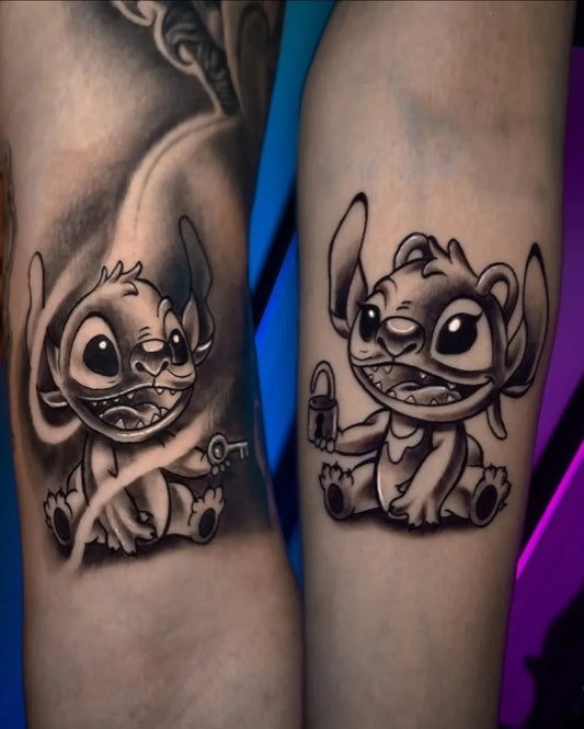 Medium Blackwork Stitch and Angel Cartoon Tattoo on Women Arm by @carmelonobile_tattoos