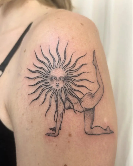 Medium Blackwork Sun Face and Dancer on Women Shoulder Tattoo by @diana.tusz