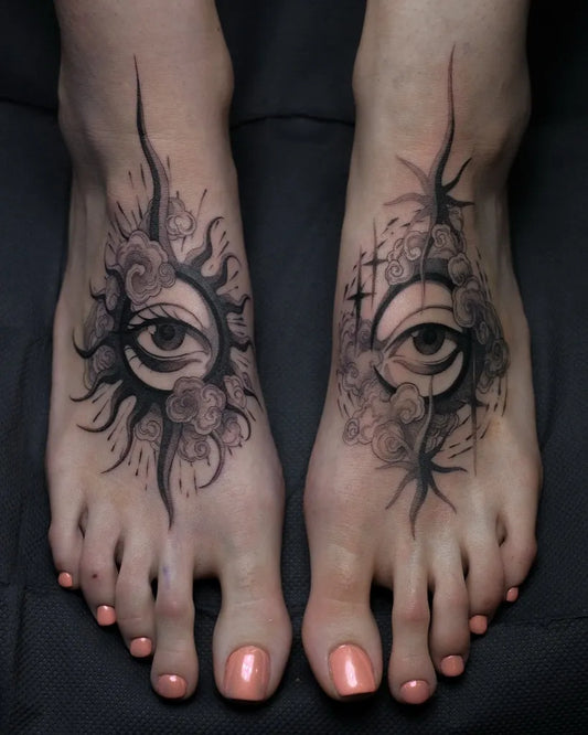 Medium Blackwork Sun Moon Eyes on Women Feet Tattoo by @mellow_fluffs