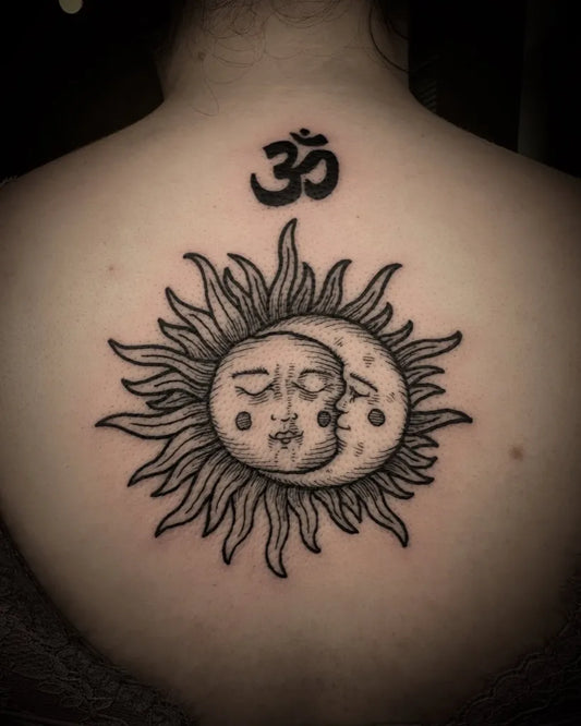Medium Blackwork Sun Moon Om on Women Back Tattoo by @itsbridgeburner