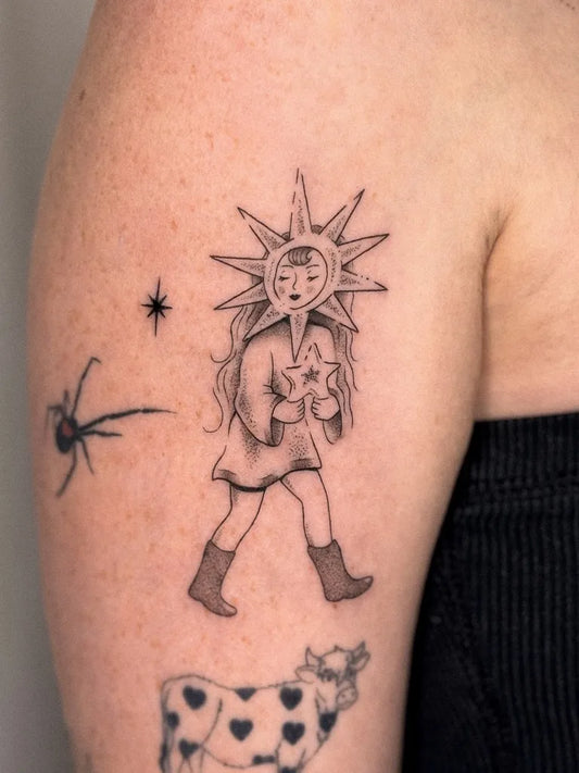 Medium Blackwork Sun Moon Spider on Women Arm Tattoo by @lucygtattoo