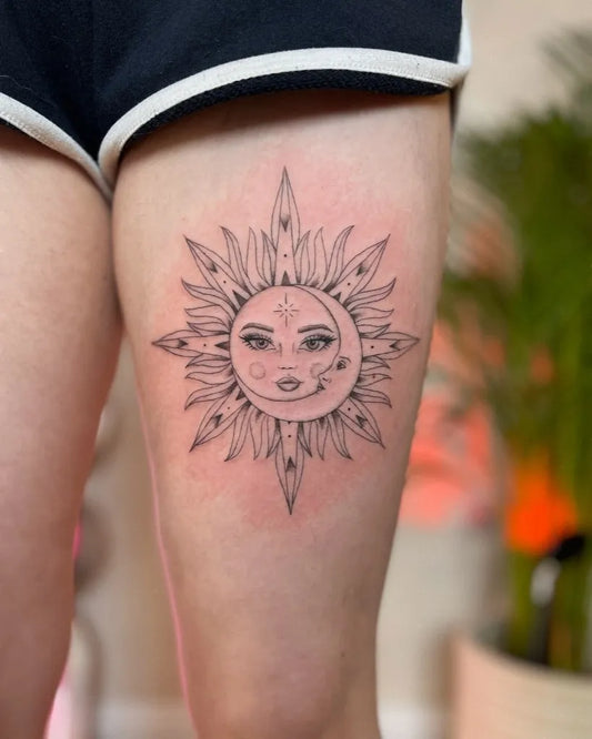 Medium Blackwork Sun Moon on Women Thigh Tattoo by @becca_tattoo