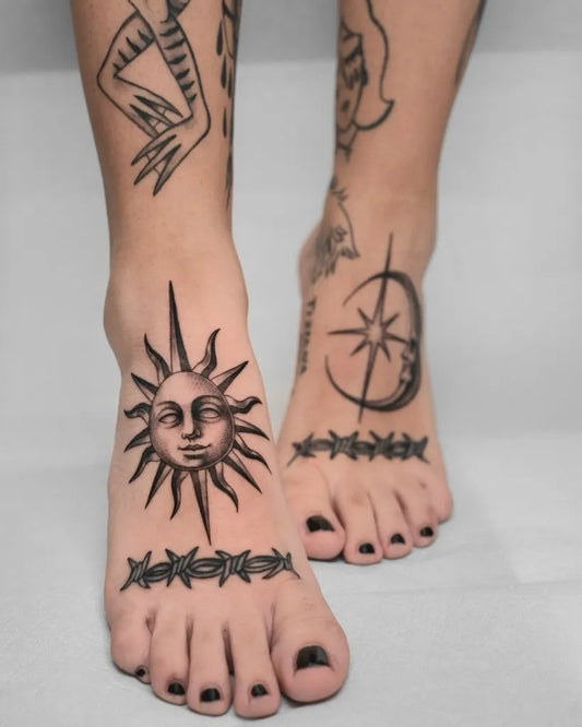 Medium Blackwork Sun and Barbed Wire Tattoo on Women Foot by @t.moretti.tattoo