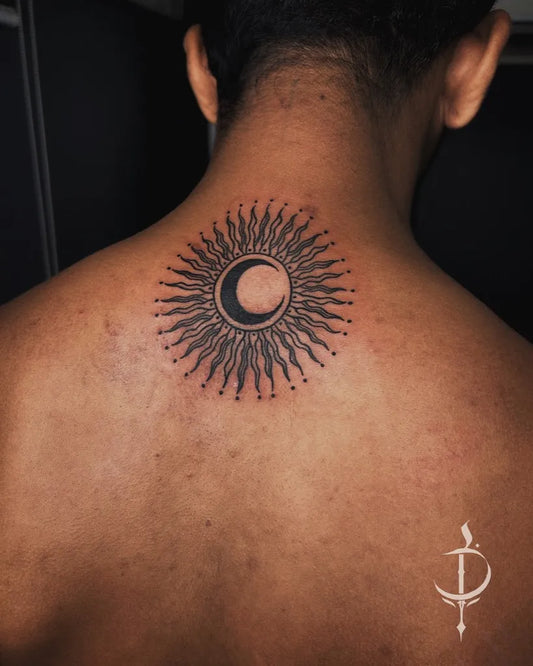 Medium Blackwork Sun and Moon Spiritual Tattoo on Men Back by @daddy_om_tattoos