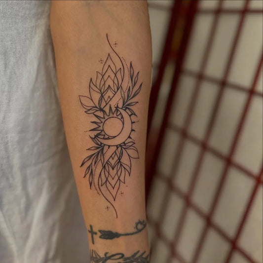 Medium Blackwork Sun and Moon and Floral Women Arm Tattoo by @nbrowntattoos637
