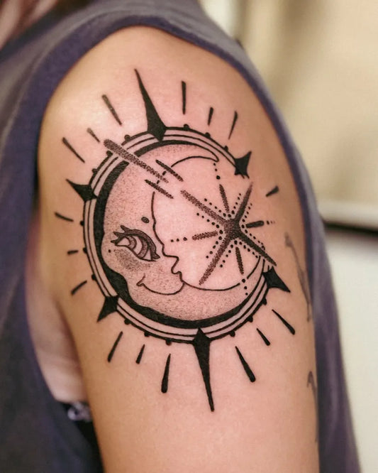 Medium Blackwork Sun and Moon and Star on Women Arm Tattoo by @marytattooing