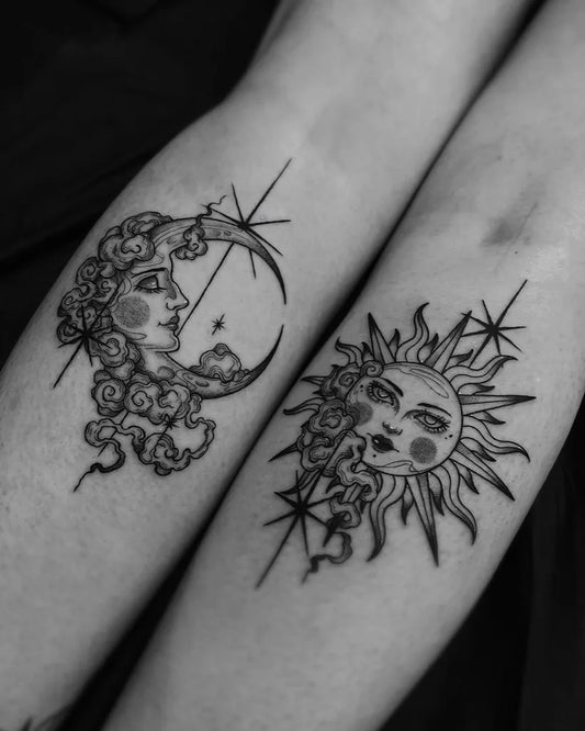 Medium Blackwork Sun and Moon on Women Arm Tattoo by @feelfarbig