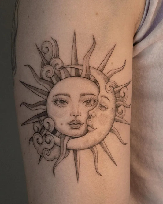 Medium Blackwork Sun and Moon on Women Arm Tattoo by @madebyling.tattoo