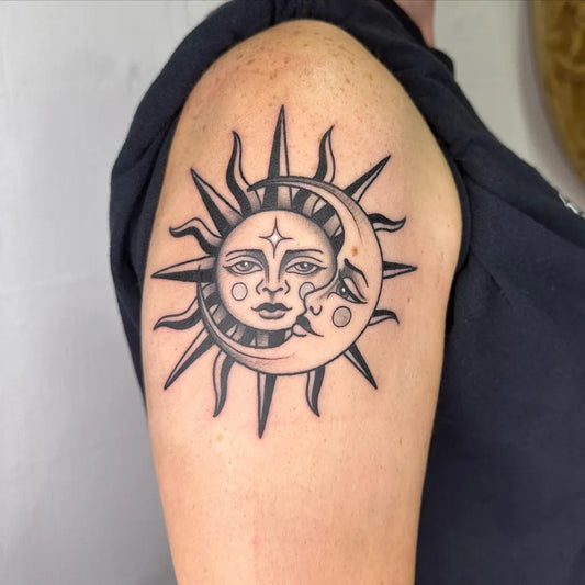 Medium Blackwork Sun and Moon on Women Shoulder Tattoo by @highland.tattoos