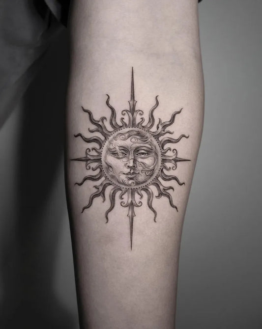 Medium Blackwork Sun with Face on Women Arm Tattoo by @jeon______