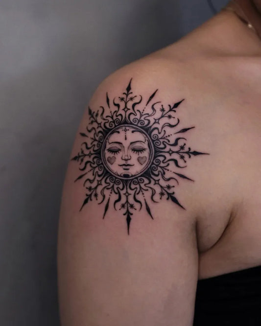 Medium Blackwork Sun with Mandala on Women Shoulder Tattoo by @imsumimi