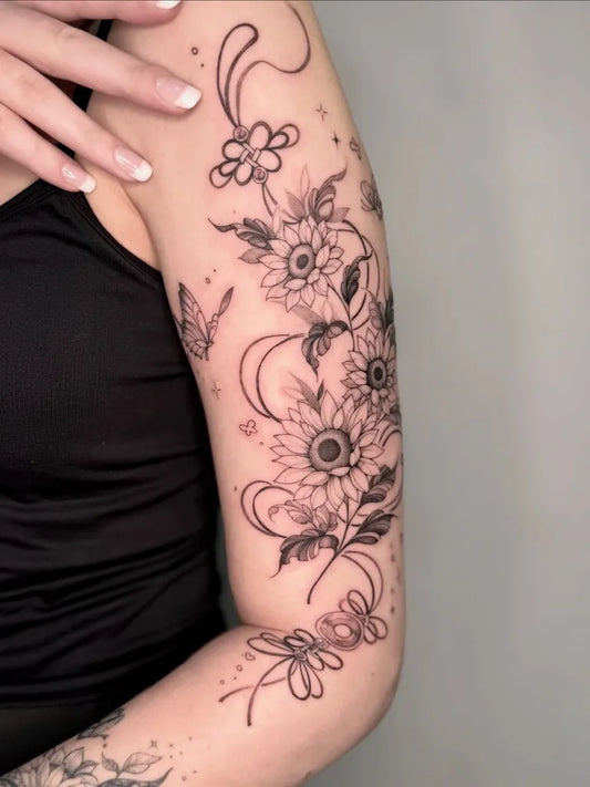 Medium Blackwork Sunflower Butterfly Moon on Women Arm Tattoo by @inkbyyink