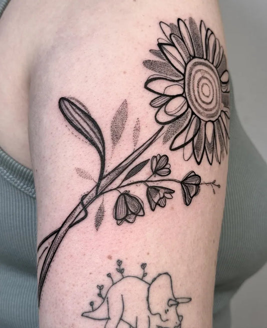 Medium Blackwork Sunflower T Rex on Women Shoulder Tattoo by @jodiemaetattoos
