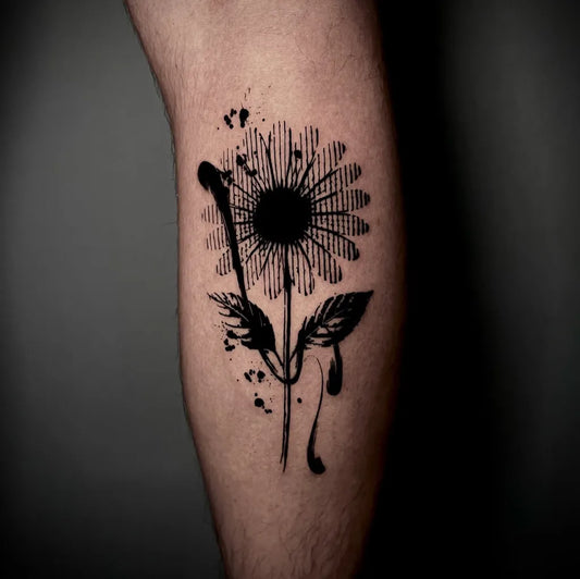 Medium Blackwork Sunflower and Leaves on Men Leg Tattoo by @tomeshet_tattoo