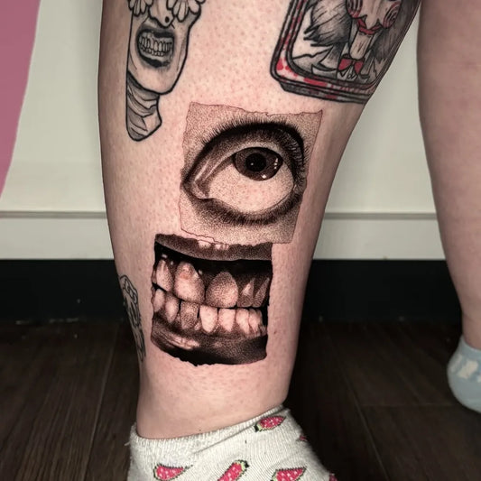Medium Blackwork Surreal Eye and Teeth Horror Tattoo on Women Thigh by @medxtattoo