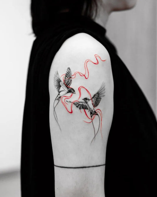 Medium Blackwork Swallow Tattoo on Women Shoulder by @oottatjac