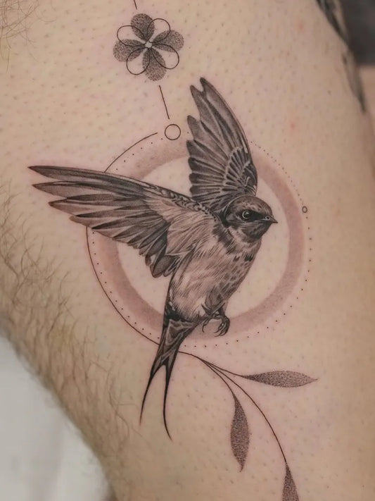 Medium Blackwork Swallow and Clover Tattoo on Men Arm by @hobojacktattoo