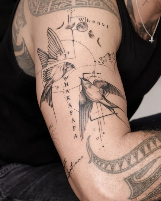 Medium Blackwork Swallow and Geometric Tattoo on Men Arm by @ink.carolw