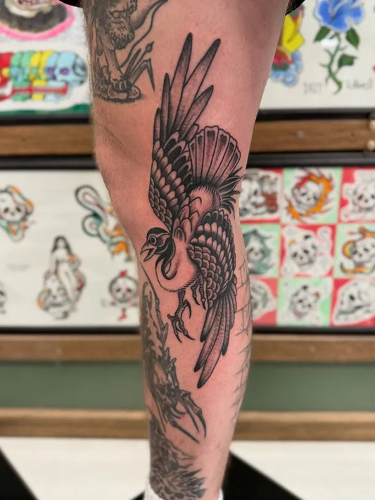 Medium Blackwork Swan Tattoo on Women Knee by @brayden_d.d.tattoo