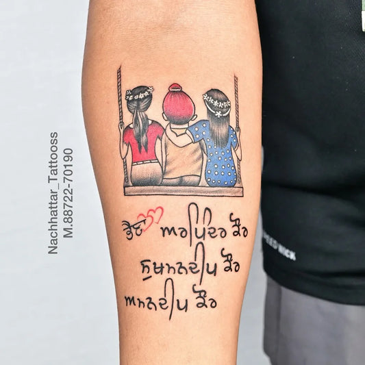 Medium Blackwork Swinging Girls Family Tattoo on Women Arm by @nachhattar_tattoosss