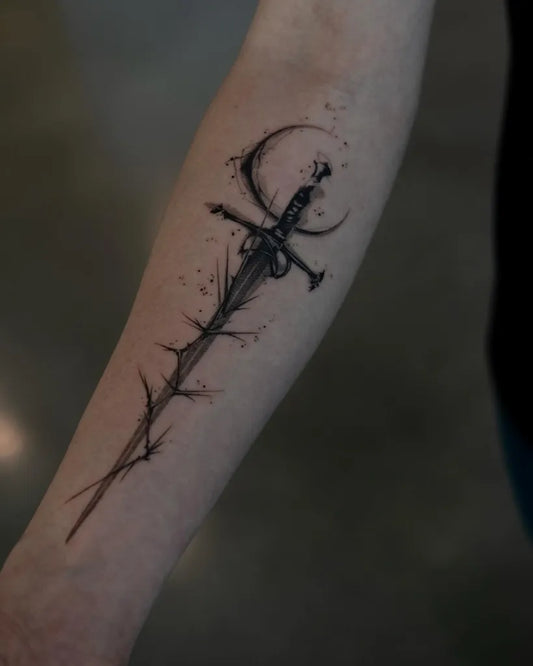 Medium Blackwork Sword Crescent Moon Branches on Women Arm Tattoo by @vocozun