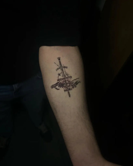 Medium Blackwork Sword Memento Mori on Men Arm Tattoo by @cj.tattooartt