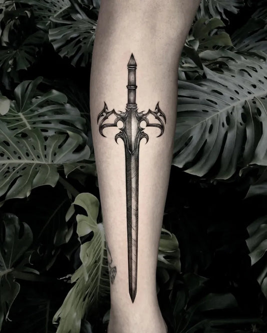 Medium Blackwork Sword with Dragons on Men Forearm Tattoo by @juliafiorettiart