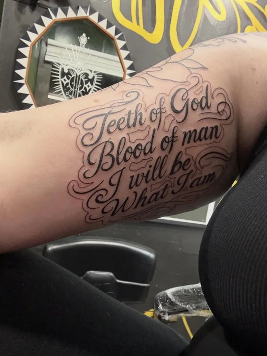 Medium Blackwork Text Tattoo on Men Inner Arm by @__amanda__please__