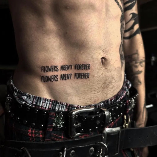 Medium Blackwork Text Tattoo on Men Stomach by @terrorlith