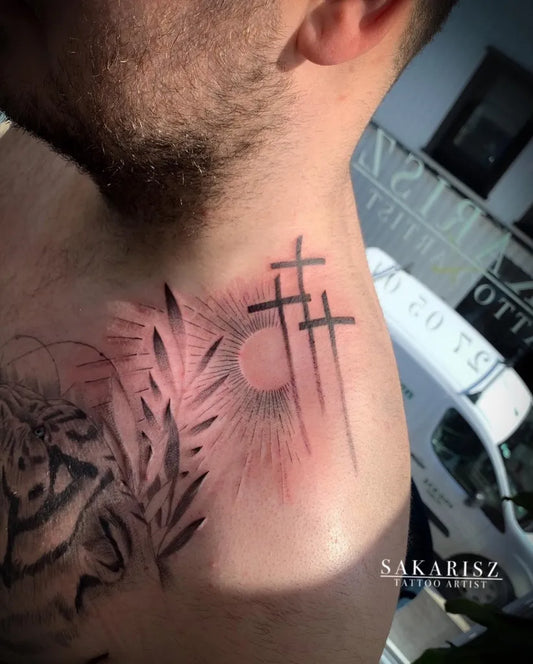 Medium Blackwork Three Crosses and Sun Tattoo on Men Neck by @sakarisz
