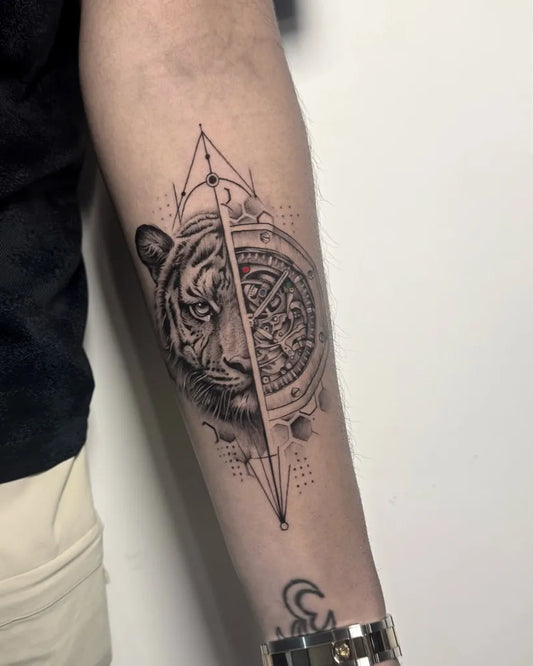 Medium Blackwork Tiger Clock on Men Arm Tattoo by @samtattooindia