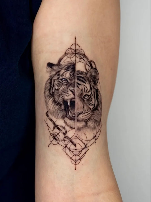 Medium Blackwork Tiger Mandala on Women Arm Tattoo by @77.9tattoo