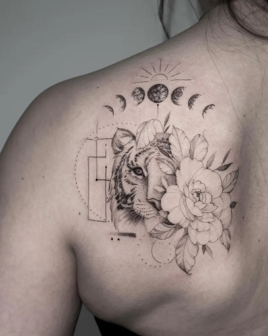 Medium Blackwork Tiger Moon Phases Peony Tattoo on Women Shoulder by @zap.ink