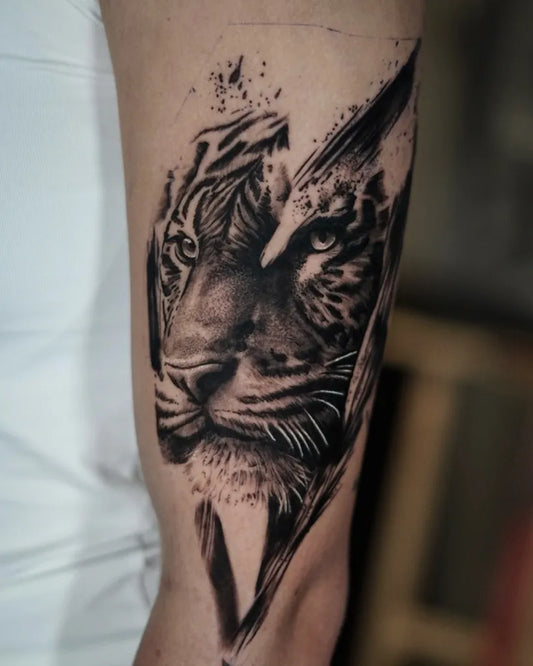 Medium Blackwork Tiger with Lightning on Men Arm Tattoo by @phil.inkbreed