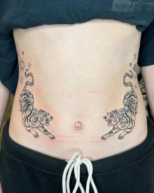 Medium Blackwork Tigers Tattoo on Women Stomach by @tay.leigh.k