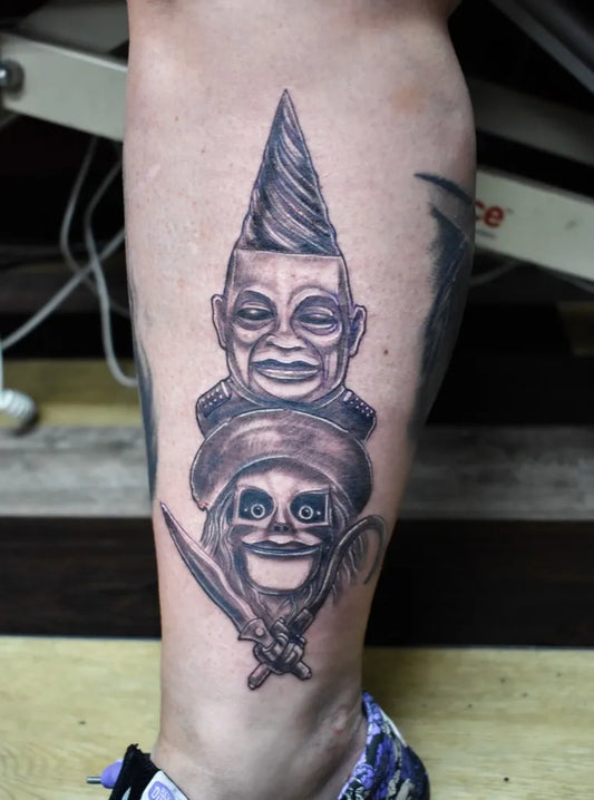 Medium Blackwork Totem Stack Horror Tattoo on Women Leg by @b.e.ink