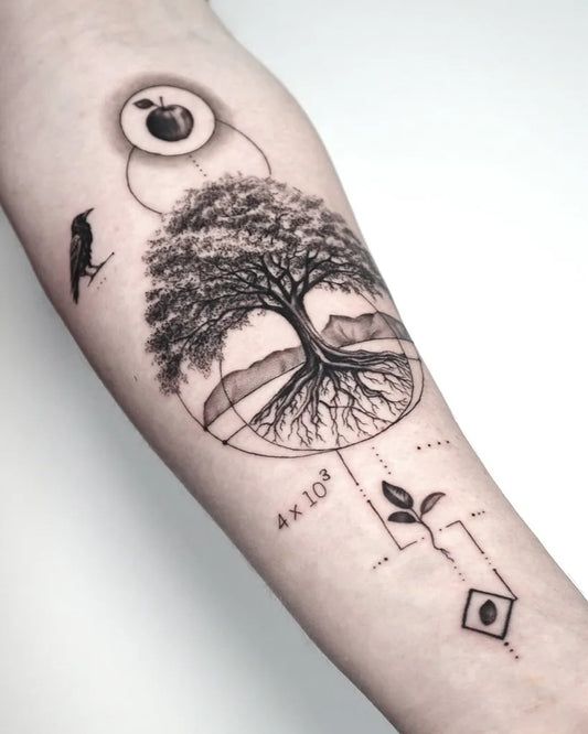 Medium Blackwork Tree Crow Apple Tattoo on Men Arm by @sammillidgetattoo