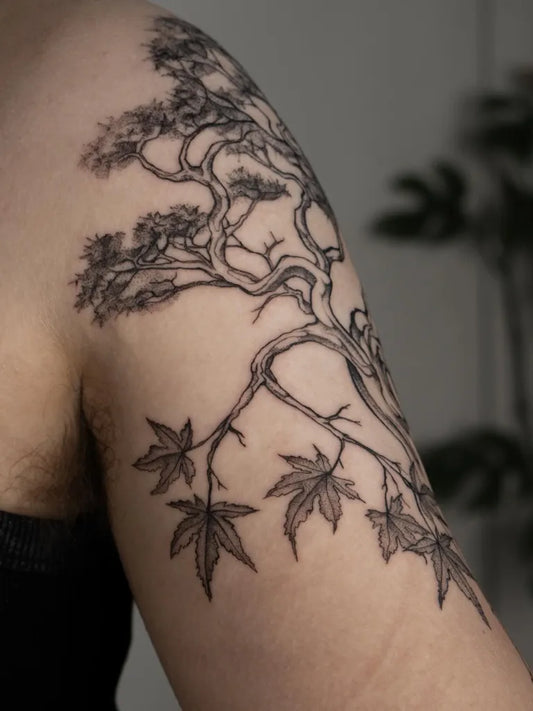 Medium Blackwork Tree Tattoo on Women Shoulder by @ternotattoo