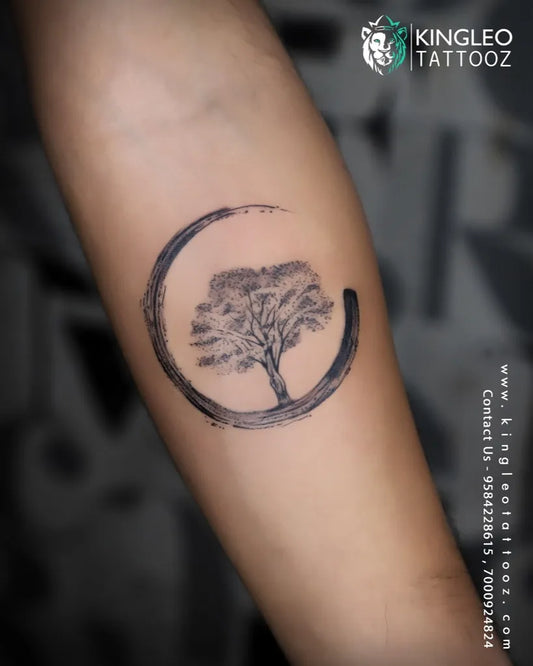 Medium Blackwork Tree and Enso Tattoo on Men Arm by @kingleo_tattooz
