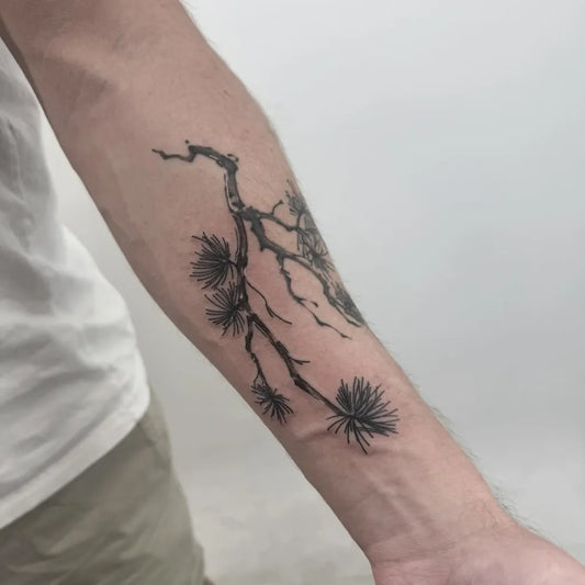 Medium Blackwork Tree and Pine Tattoo on Men Arm by @seoul_tattoo_korea_ta2luv