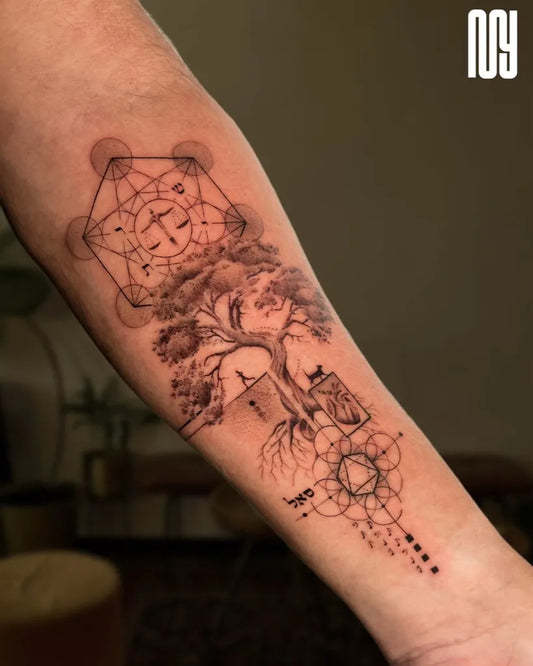 Medium Blackwork Tree and Sacred Geometry Tattoo on Men Arm by @noamyona___