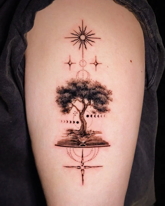 Medium Blackwork Tree and Sun Tattoo on Men Upper Arm by @hwan.ink