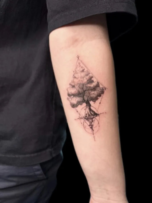 Medium Blackwork Tree in Diamond Tattoo on Men Arm by @yosef.inks