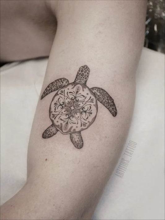 Medium Blackwork Turtle Tattoo on Women Arm by @artelius_tattoo