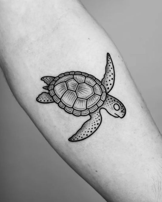 Medium Blackwork Turtle Tattoo on Women Arm by @mike_stout_tattoo