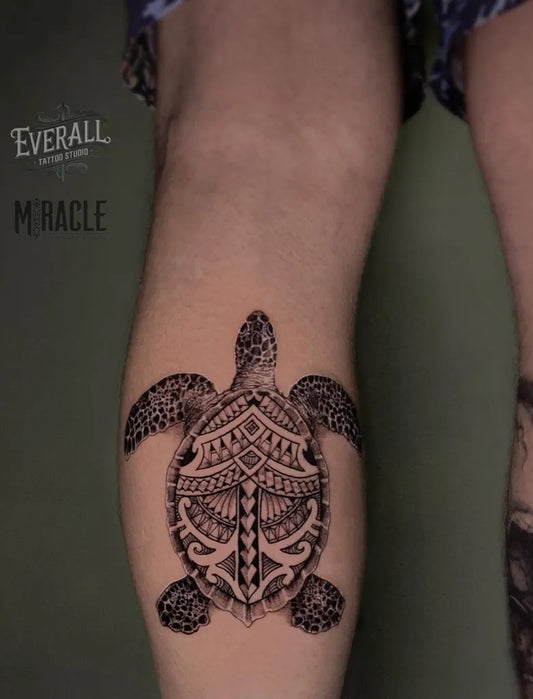 Medium Blackwork Turtle Tattoo on Women Leg by @everalltattoo_gilitrawangan
