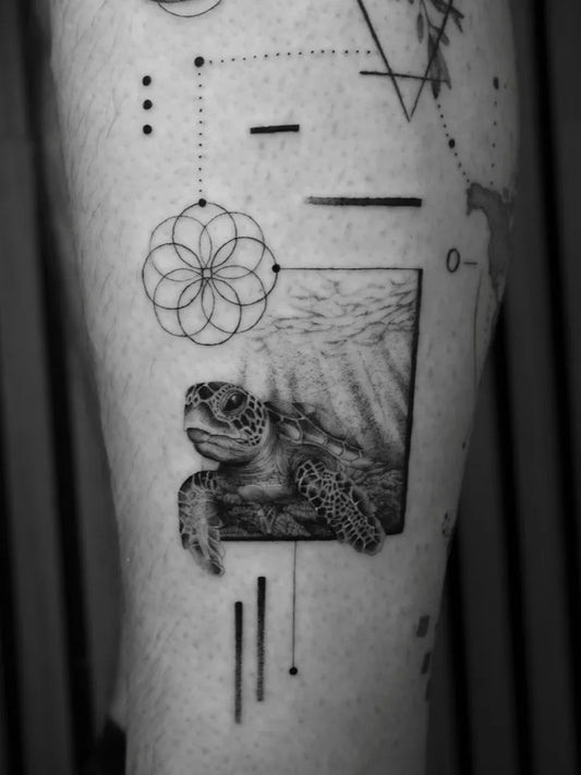 Medium Blackwork Turtle and Mandala Tattoo on Men Leg by @fannerink