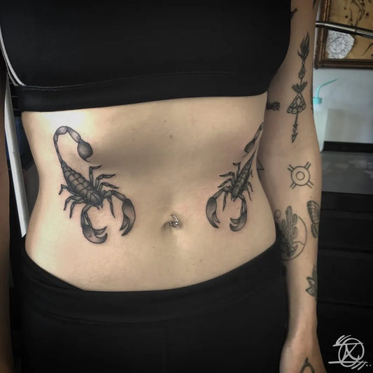 Medium Blackwork Twin Scorpions Tattoo on Women Stomach by @xist_tattoo