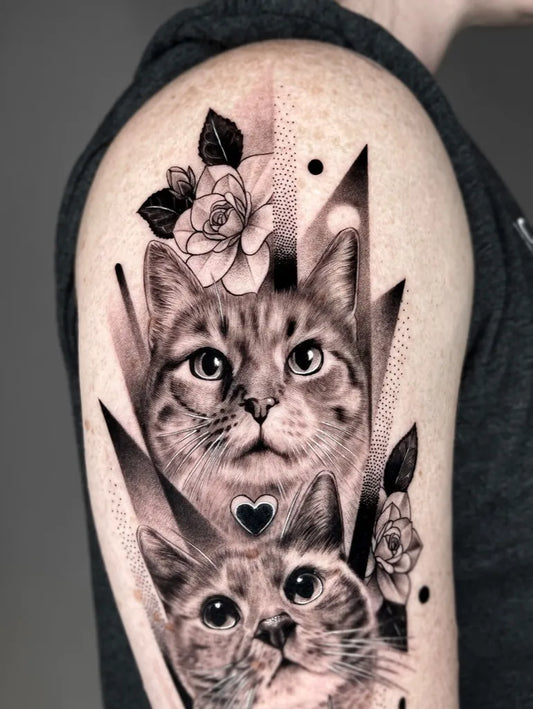 Medium Blackwork Two Cats with Roses Tattoo on Men Shoulder by @ro_tattoo